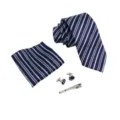 Conjunto de corbata de rayas formal de negocios para hombre con pañuelo y gemelos - Rayas Azul Oscuro y Azul Claro