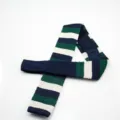 Men's knitted flat tip necktie with stylish multi-color striped design for formal wear. - Dark Blue Green Off-White Stripe