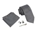 Conjunto de corbata para hombre negro gris geométrico con pañuelo gemelos y pinza. - Gris Oscuro Estampado Geométrico
