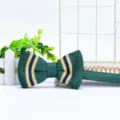 Men's green knitted bow tie with navy and yellow stripes, stylish shirt accessory for men. - Dark Green with Blue and Yellow Stripes (ZZLJ30)