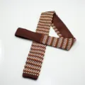Men brown knit flat-head tie, stylish geometric jacquard design for formal business wear. - Brown White Geometric