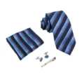 Set de corbata a rayas azules para hombre con pañuelo, gemelos y pinza de corbata. - Azul Oscuro Blanco Rayado