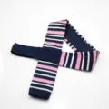 Men's knitted flat-end tie with navy pink and white stripes for casual and business wear. - Dark Blue Pink White Stripe