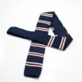 Men's navy blue knitted flat tie with white and red stripes for formal and casual daily wear. - Blue White Red Stripe