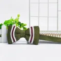 Men's green knitted bow tie with white and burgundy stripes, classic pre-tied design for suits. - Army Green with White and Red Stripes (ZZLJ39)