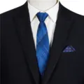 Men Business Zipper Tie Set Blue Striped Necktie Matched with Formal Suit Pocket Square - STJ152