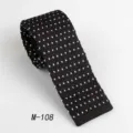 Black knitted necktie for men, stylish casual flat-end tie with white dots pattern. - Black & White Dots