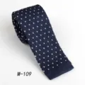 Men's navy blue knitted tie with white dot pattern, flat end design, casual business necktie. - Dark Blue & White Polka Dots