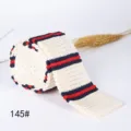 Men's knitted striped tie in off-white with blue and red stripes, flat head style for weddings. - #145