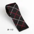 Men black knitted tie with red white grid pattern, stylish polyester flat necktie for wedding. - Black with Red & White Plaid