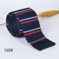 Men's retro knit tie, navy blue with red and light blue stripes, flat end polyester tie. - 165#