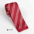 Men's red knitted flat-head striped necktie, elegant polyester casual wedding neckwear variant. - Red & White Striped