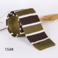 Men's knitted striped tie, flat end brown green white polyester handmade necktie for wedding. - 154#