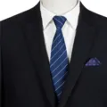 Men's business formal striped tie with pocket square, classic navy blue necktie accessory. - STJ153