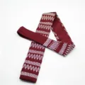 Burgundy knit flat end tie with white geometric jacquard pattern, stylish casual neckwear. - Burgundy White Geometric