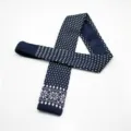 Men's navy blue knitted tie with white polka dot and geometric pattern, flat end design. - Dark Blue Dot Geometric