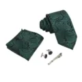 Set de corbata pañuelo de bolsillo gemelos y pinza para corbata con diseño paisley verde oscuro. - Paisley Verde Oscuro