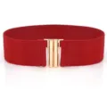 Détail de la ceinture élastique rouge large avec une boucle de fermeture en métal doré brillant. - Rouge