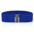Close-up detail of wide royal blue elastic waist belt featuring interlocking metal hook buckle. - Bright Blue - Black Buckle