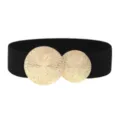 Women wide elastic stretch waist belt with double gold round buckles for dress coat fashion. - Style 5-Black