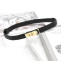Detailweergave van de elegante zwarte smalle tailleband met goudkleurige draaisluiting. - Zwart (Gouden Gesp)