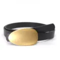 Women's black leather belt featuring a large minimalist oval brushed gold buckle for dresses. - Length 105cm Width 1.8cm / Black