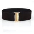 Detailed view of the wide elastic waist belt with metallic gold double buckle design. - Coffee