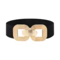 Womens black elastic wide waist belt with gold interlocking metal buckle fashion accessory - Style 2 - Black