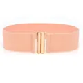 Wide elastic waist belt for women, stretch cincher belt with metal buckle peach pink. - Pink-Gold Buckle