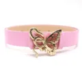 Pink leather belt featuring a unique gold metal snake and butterfly buckle for women style. - Gold Clasp / Pink