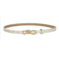 Close-up view of a slim white leather belt featuring an elegant gold metal knot buckle design. - White