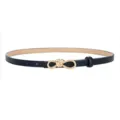 Women slim black leather belt with gold knot buckle, stylish accessory for dress and jeans. - Dark Blue