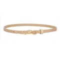 Elegant slim women leather belt detail showing chic gold bow buckle in versatile beige style. - Khaki