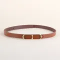 Women thin leather belt minimalist dress waist accessory stylish gold buckle brown strap - Camel