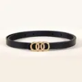 Women black thin belt with gold triple ring buckle chic waist accessory dress strap - Triple Loop Buckle / Black