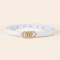White thin leather belt for women with elegant gold triple ring buckle, stylish and versatile. - Triple Loop Buckle / White