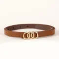 Women's thin leather belt with gold triple ring buckle minimalist fashion dress waist band - Triple Loop Buckle / Camel