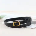 Women thin leather belt minimalist dress waist belt elegant metallic buckle black accessory - Retro Gold Buckle / Black
