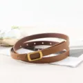 Women thin brown leather belt with retro square metal buckle for elegant dress styling. - Retro Gold Buckle / Camel