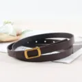 Women's slim dark brown leather belt with vintage gold rectangular buckle variant design. - Retro Gold Buckle / Coffee