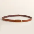 Women's thin leather belt minimalist brown waist belt with gold buckle for dresses. - C-Buckle / Camel