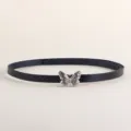 Women's thin black leather belt with silver butterfly buckle, minimalist dress waist cincher. - Butterfly Clasp / Black