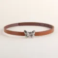 Women brown thin leather belt with silver butterfly buckle variant style accessory - Butterfly Clasp / Camel