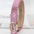 Women pink rhinestone belt sparkling sequin alloy buckle stylish waist belt jeans dress - Pink