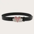 Y2K rhinestone heart wings black leather belt fashion stylish waist accessory for women jeans - Black