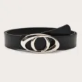 Women Y2K Style Black Leather Belt with Silver Oval Geometric Buckle Casual Fashion - Length 105cm Width 2.8cm / Black