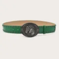 Y2K vintage studded green leather belt detail, stylish metal double horse buckle accessory. - Green