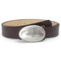 Stylish brown leather belt featuring a unique curved oval metal buckle for daily wear. - Coffee