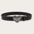 Black PU leather heart buckle belt with metal studs, trendy punk style waist accessory. - 105cm / Black
