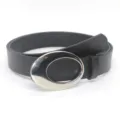 Black leather belt with unique silver oval hollow buckle for jeans and dresses stylish casual accessory - Bright Black / Length 105cm Width 2.8cm